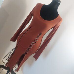 BOHO Earthy Long Sleeve Front Tie Mini Dress - Rust Orange - EUC